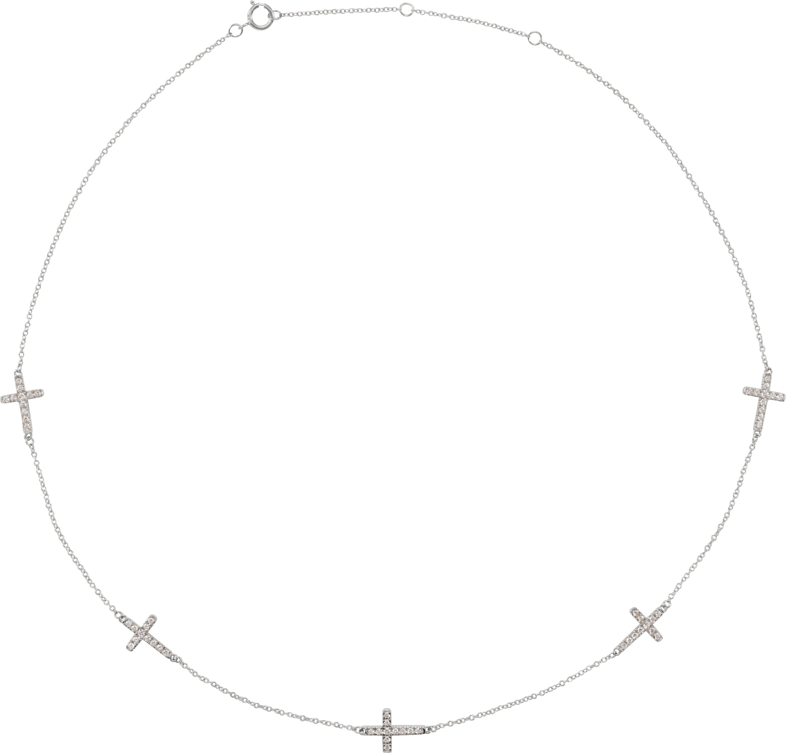 14K White 1/8 CTW Diamond 5-Station Cross Adjustable 16-18” Necklace 