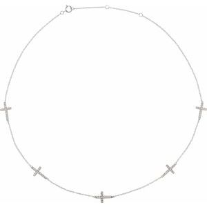 14K White 1/8 CTW Diamond 5-Station Cross Adjustable 16-18” Necklace 