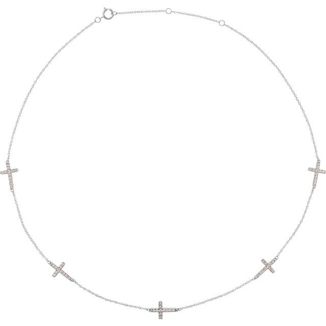 14K White 1/8 CTW Diamond 5-Station Cross Adjustable 16-18” Necklace 