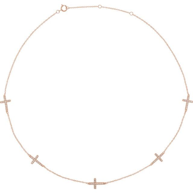 14K Rose 1/8 CTW Diamond 5-Station Cross Adjustable 16-18” Necklace 