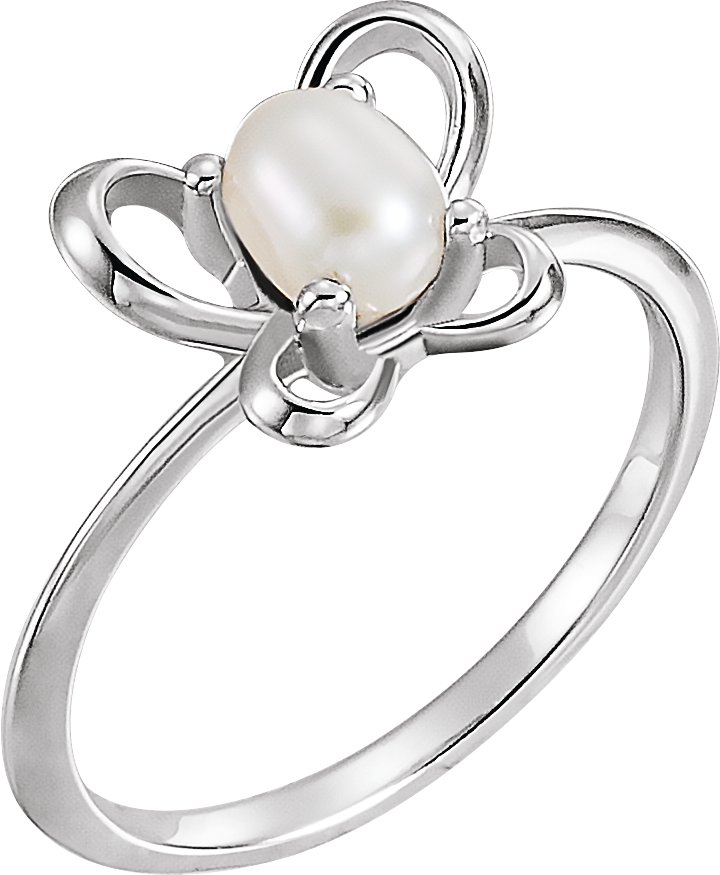 Sterling Silver 4x3 mm Pearl June Youth Butterfly Birthstone Ring   