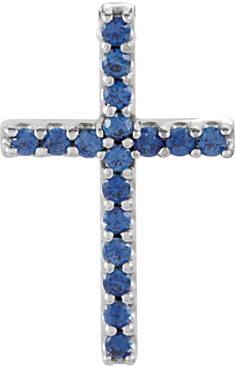 14K White Natural Blue Sapphire Petite Cross Pendant