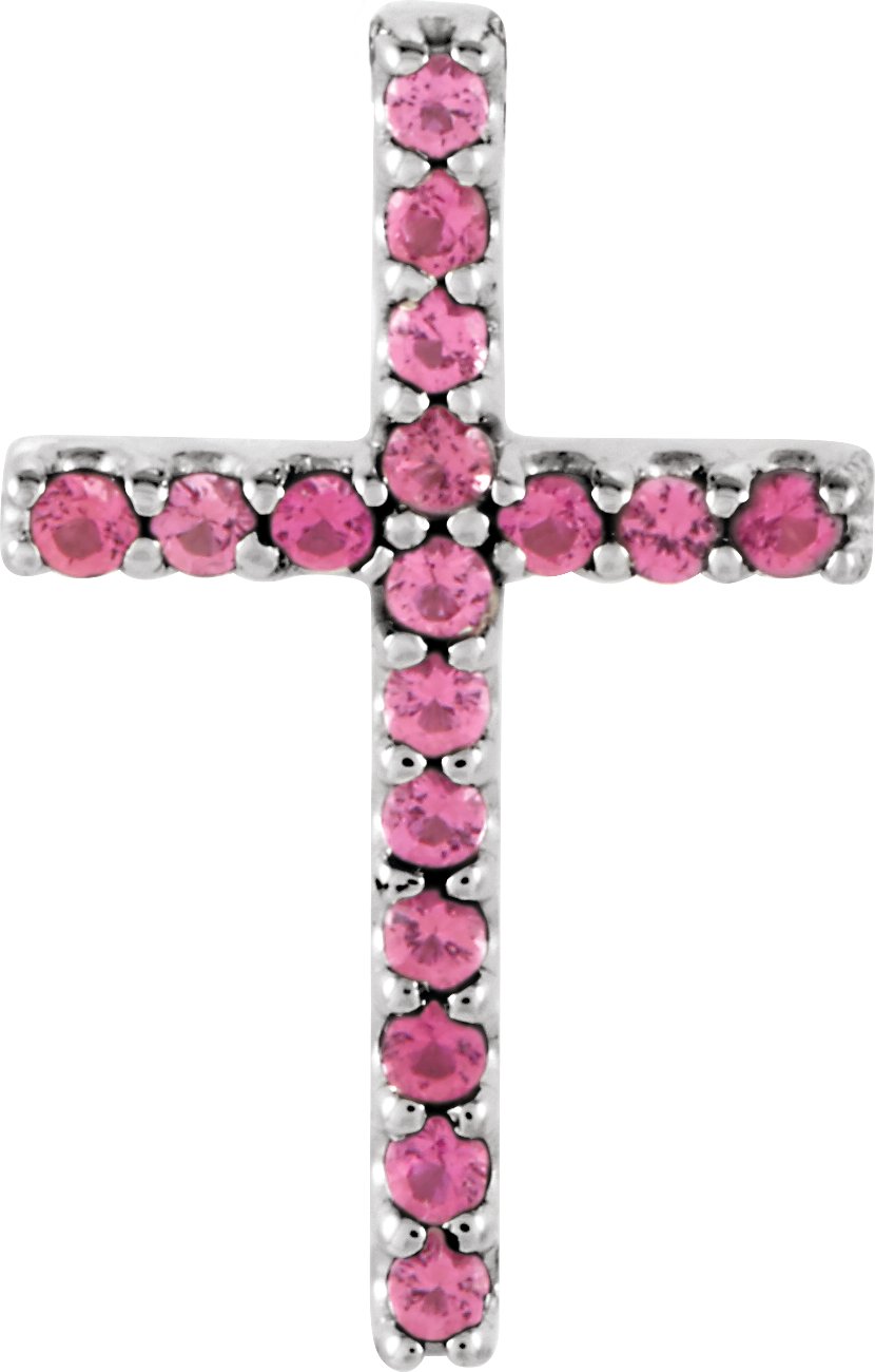 14K White Natural Pink Tourmaline Petite Cross Pendant