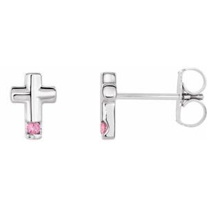 14K White Natural Pink Tourmaline Cross Earrings