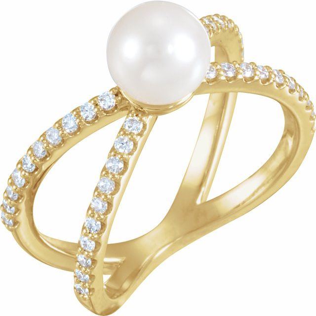 14K Yellow Cultured White Freshwater Pearl & 3/8 CTW Natural Diamond Ring 