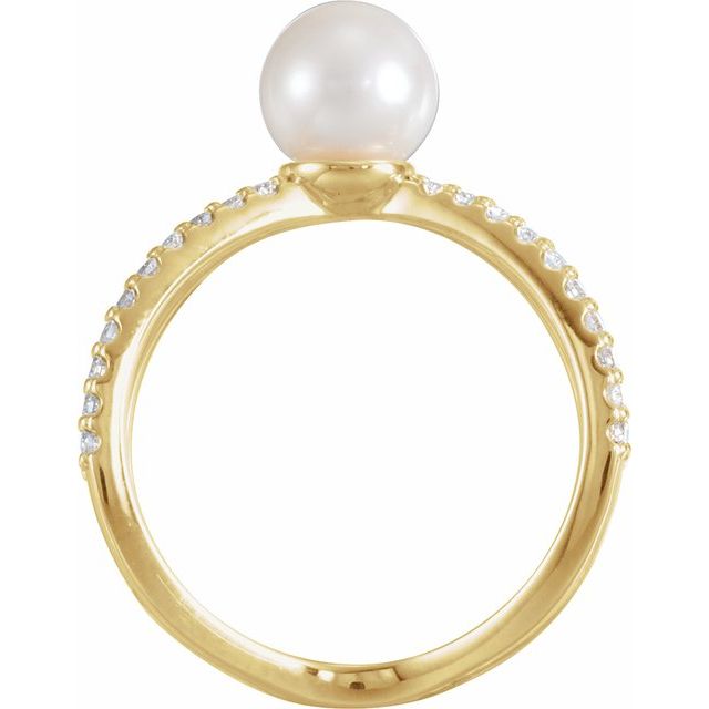 14K Yellow Cultured White Freshwater Pearl & 1/3 CTW Natural Diamond Ring  