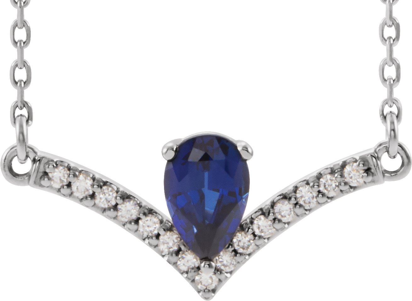 14K White Chatham® Lab-Created Blue Sapphire & .06 CTW Diamond 16" Necklace     
