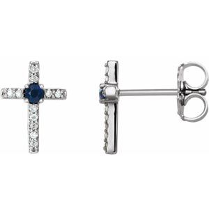 14K White Natural Blue Sapphire & .05 CTW Natural Diamond Cross Earrings
