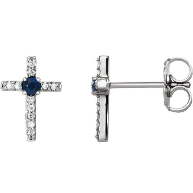 14K White Blue Sapphire & .05 CTW Diamond Cross Earrings