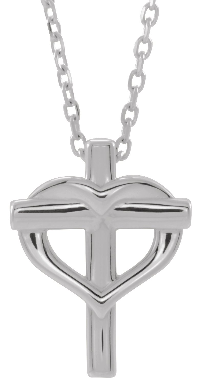 14K White Youth Cross with Heart 15" Necklace