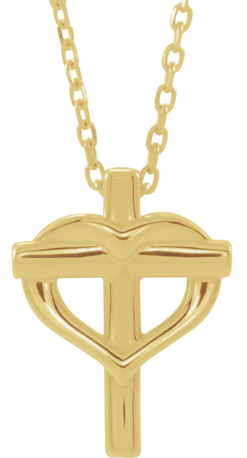 14K Yellow Youth Cross with Heart 15" Necklace