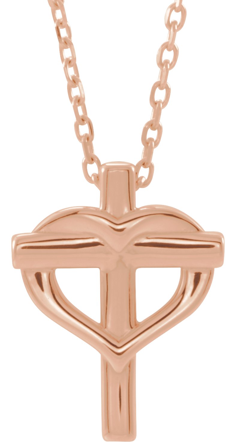 14K Rose Youth Cross with Heart 15" Necklace