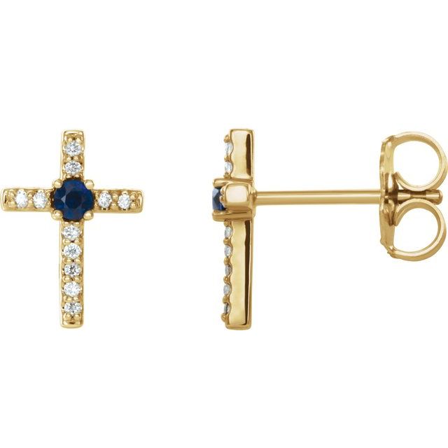 14K Yellow Blue Sapphire & .05 CTW Diamond Cross Earrings