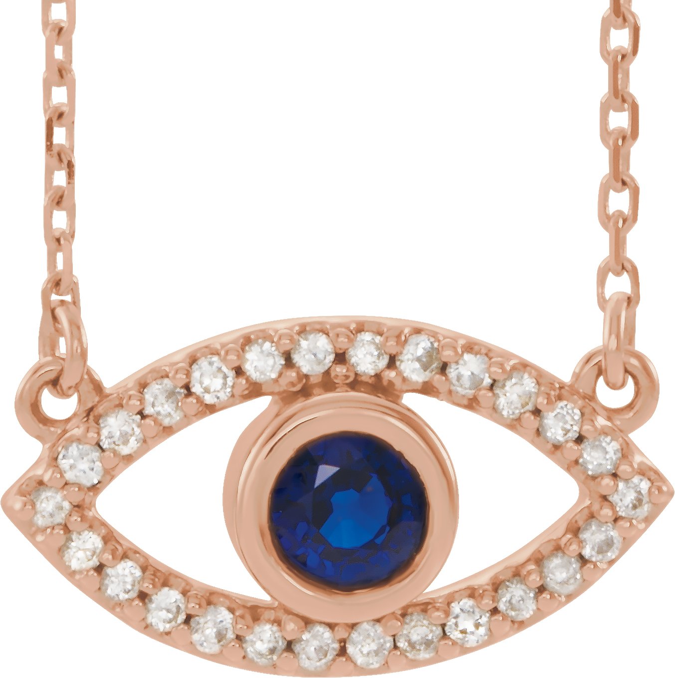 14K Rose Natural Blue Sapphire & Natural White Sapphire Evil Eye 18" Necklace