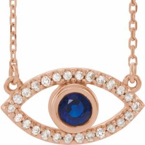 14K Rose Natural Blue Sapphire & Natural White Sapphire Evil Eye 16" Necklace