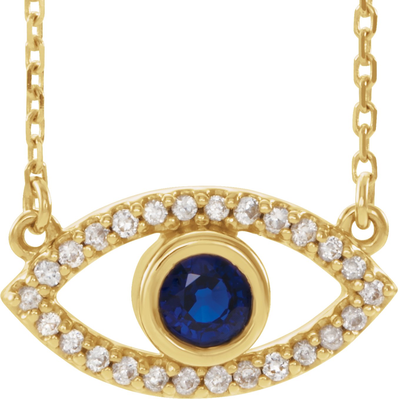 14K Yellow Natural Blue Sapphire & Natural White Sapphire Evil Eye 18" Necklace