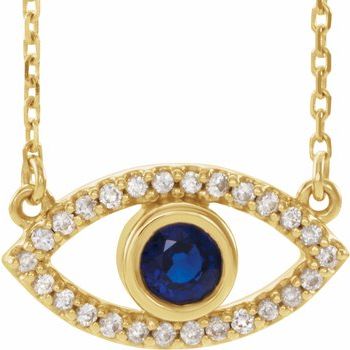 14K Yellow Blue Sapphire and White Sapphire Evil Eye 16 inch Necklace Ref. 14352052