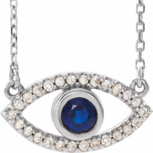 14K White Natural Blue Sapphire & Natural White Sapphire Evil Eye 16" Necklace