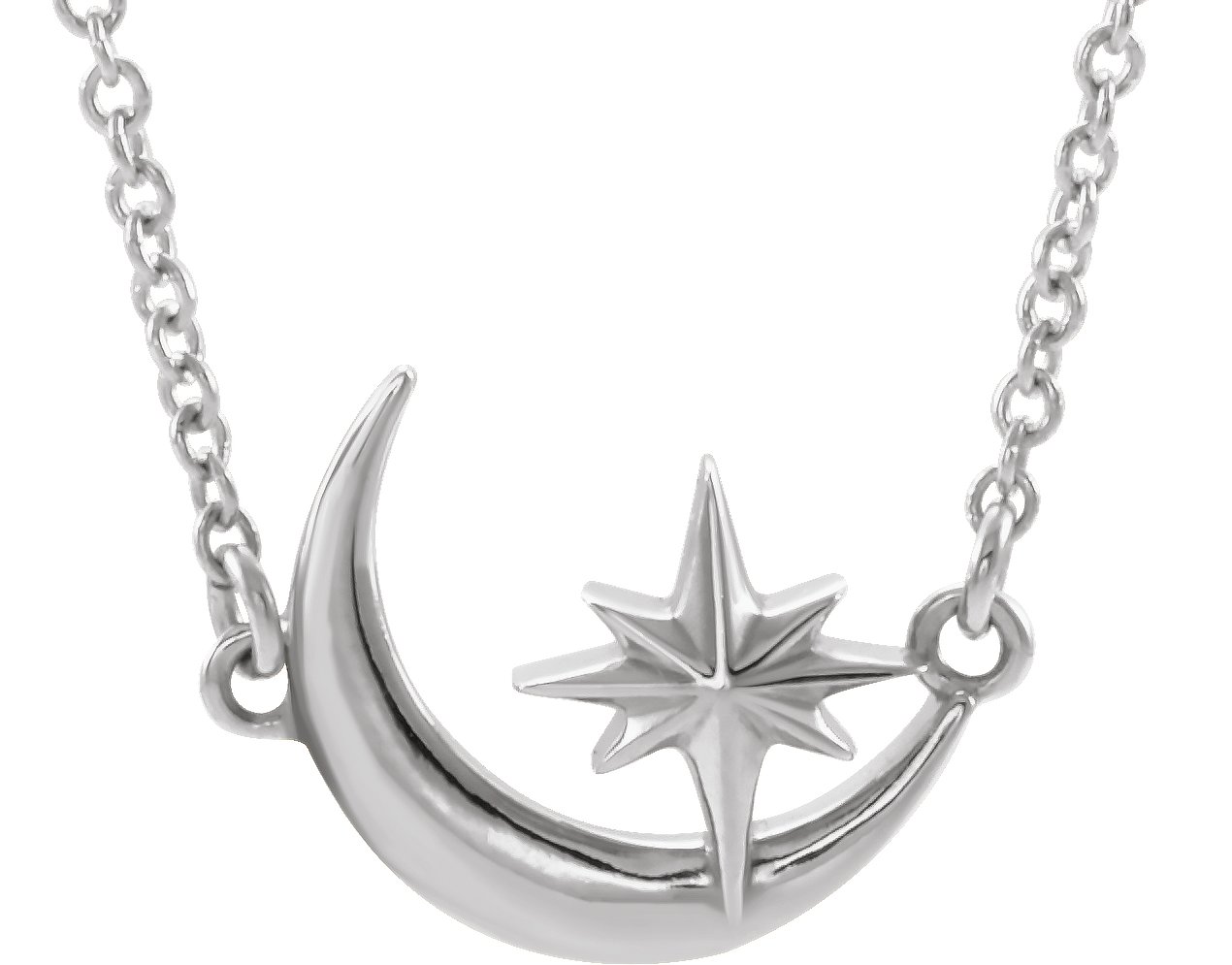 14K White Crescent Moon & Star 16-18" Necklace   