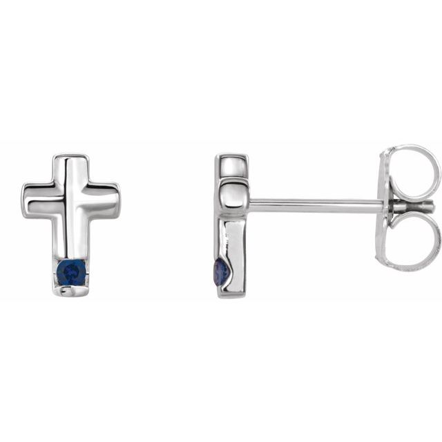 14K White Natural Blue Sapphire Cross Earrings