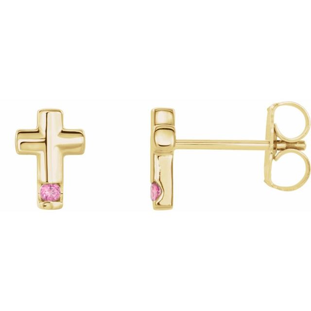14K Yellow Natural Pink Tourmaline Cross Earrings