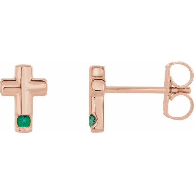 14K Rose Natural Emerald Cross Earrings