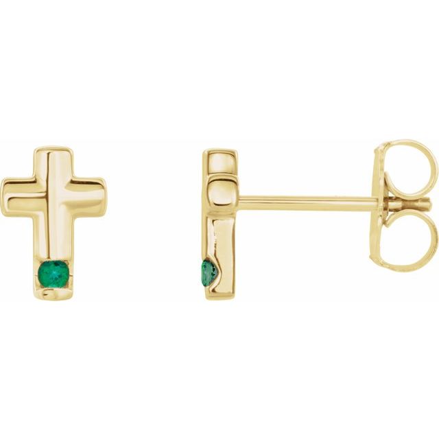 14K Yellow Lab-Grown Emerald Cross Earrings