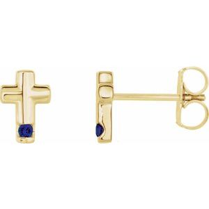 14K Yellow Natural Blue Sapphire Cross Earrings