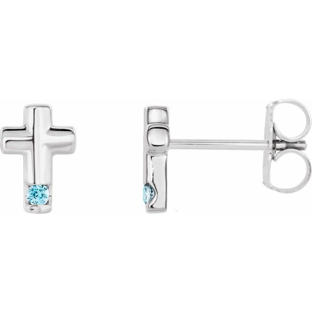 14K White Natural Blue Zircon Cross Earrings