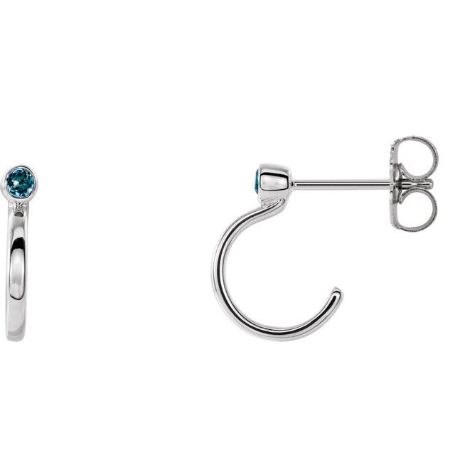 Platinum 2 mm Natural Aquamarine Huggie J-Hoop Earring