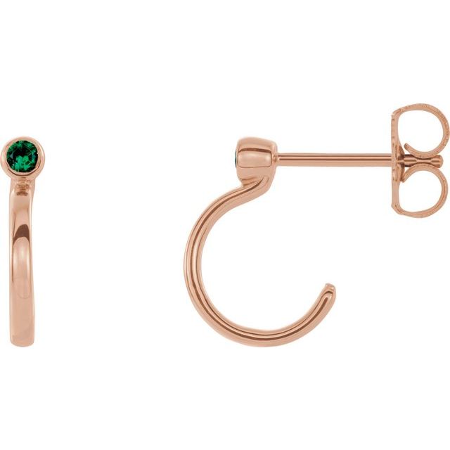 14K Rose 2 mm Lab-Grown Emerald Huggie J-Hoop Earring