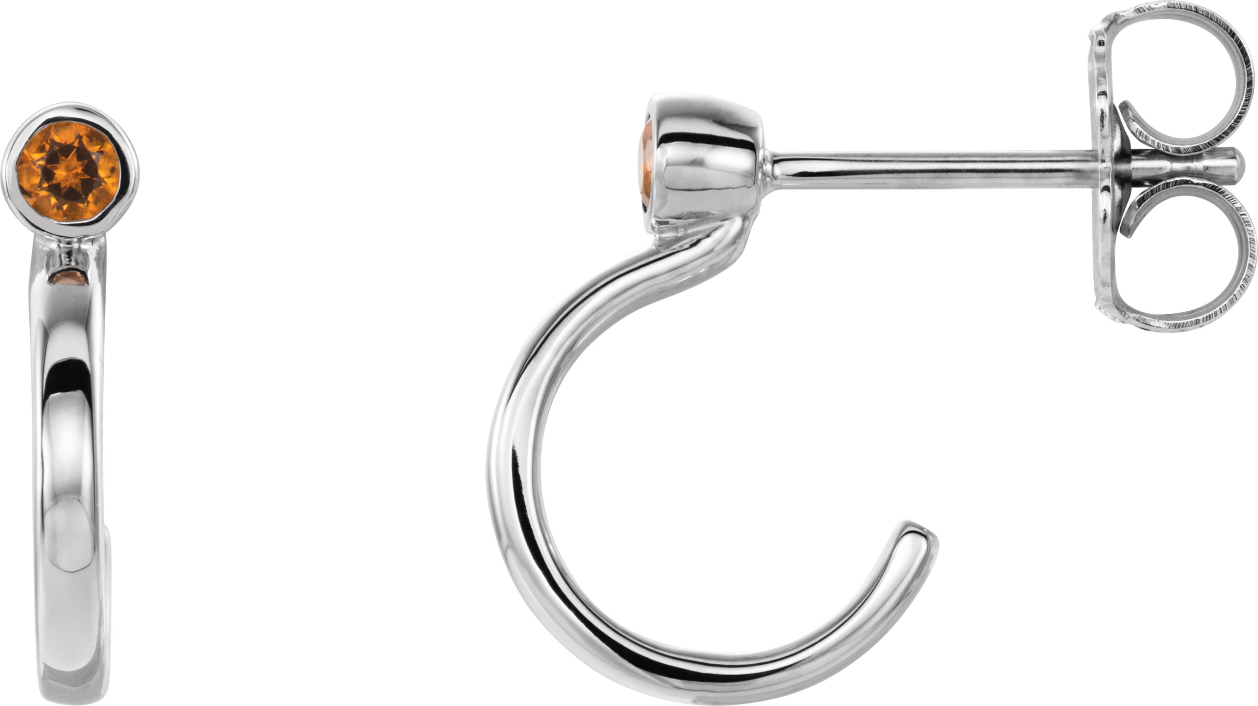 14K White 2 mm Round Citrine Bezel-Set Hoop Earrings