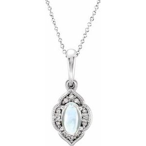 14K White Rainbow Moonstone & .03 CTW Diamond Clover 16-18" Necklace 