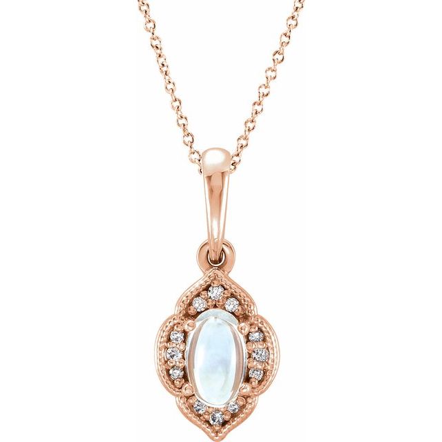 14K Rose Natural Rainbow Moonstone & .03 CTW Natural Diamond Clover 16-18" Necklace