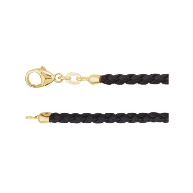 Black 3 mm Braided Leather 16 Cord with 14K Yellow Lobster Clasp