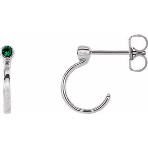 14K White 2 mm Round Emerald Bezel-Set Hoop Earrings