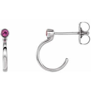 14K White 2 mm Round Pink Tourmaline Bezel-Set Hoop Earrings