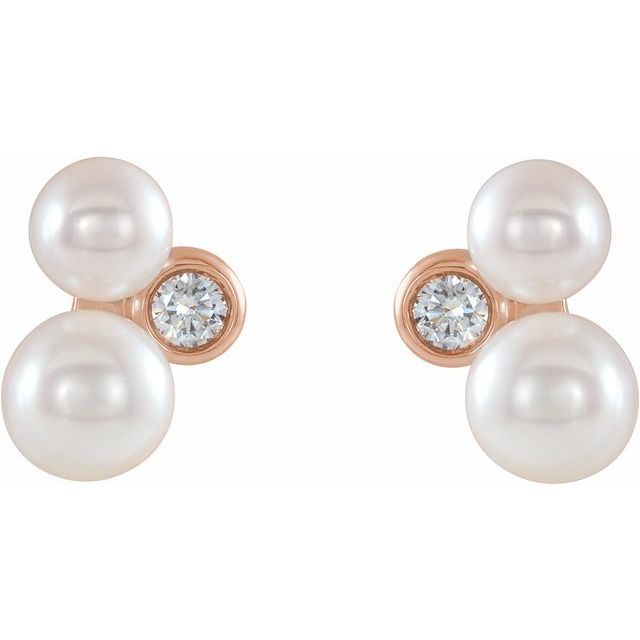 14K Rose Cultured White Akoya & 1/8 CTW Natural Diamond Earrings