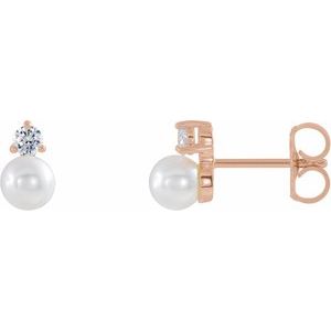 14K Rose Cultured White Freshwater Pearl & 1/8 CTW Natural Diamond Earrings