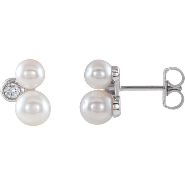 14K White Cultured White Akoya Pearl & 1/8 CTW Natural Diamond Earrings