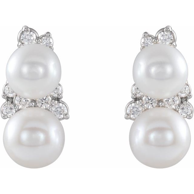 14K White Cultured Freshwater Pearl & 1/10 CTW Natural Diamond Ear Climbers