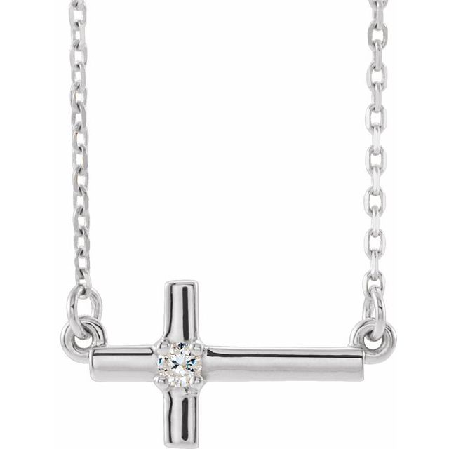 14K White .03 CTW Natural Diamond Sideways Cross 16-18" Necklace