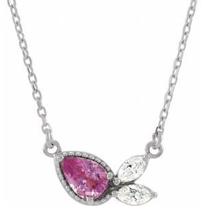 Sterling Silver Natural Pink Sapphire & 1/6 CTW Natural Diamond 16" Necklace 