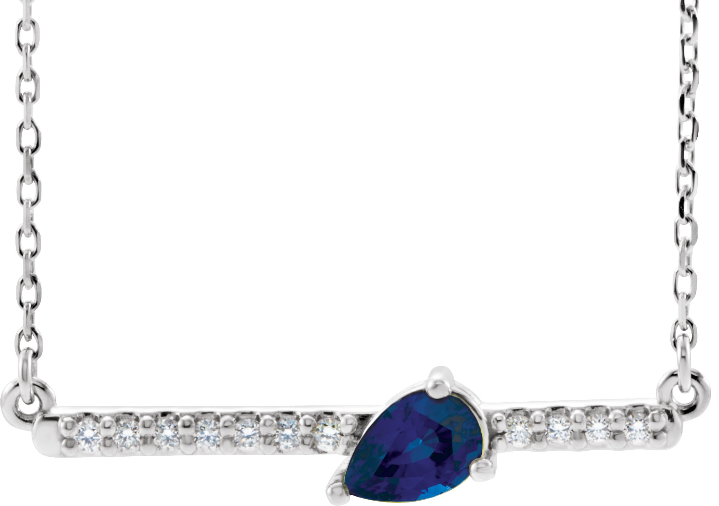 14K White Chatham® Lab-Created Blue Sapphire & 1/10 CTW Diamond Bar 18" Necklace