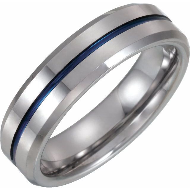 Tungsten 6 mm Grooved Band with Blue Enamel Size 10