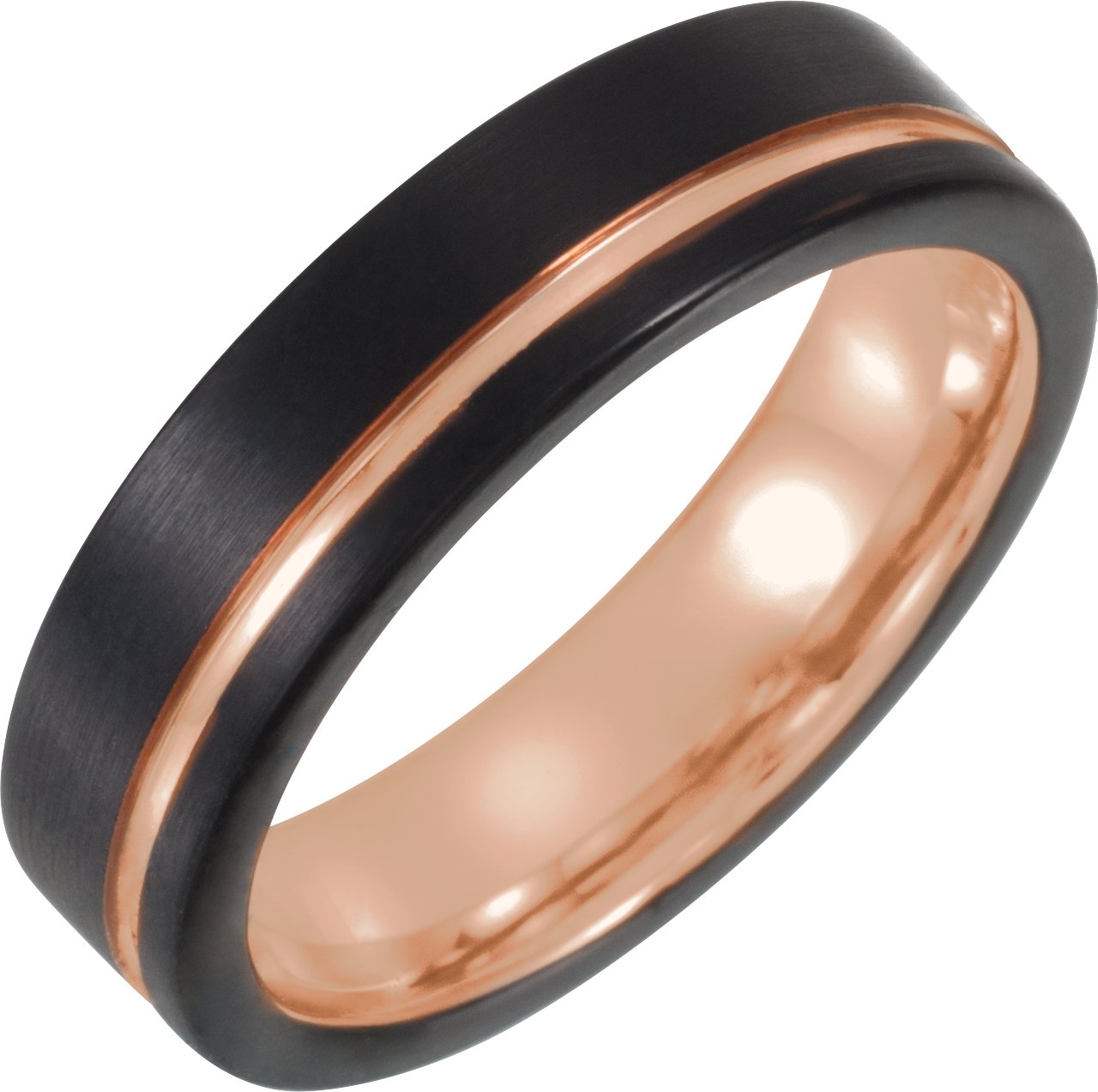 Black & 18K Rose Gold PVD Tungsten 6 mm Grooved Comfort-Fit Band Size 10