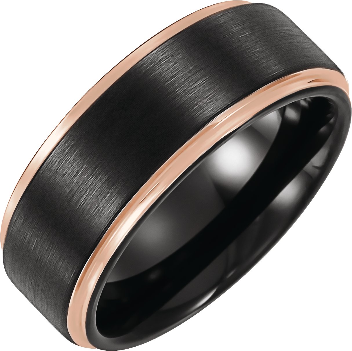 18K Rose Gold PVD and Black PVD Tungsten 8 mm Flat Grooved Band Size 10.5