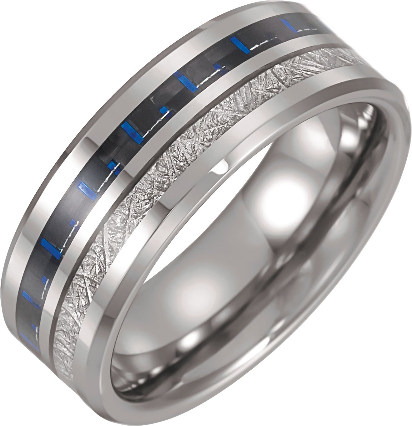 Tungsten 8 mm Band with Imitation Meteorite and Carbon Fiber Inlay Size 10 