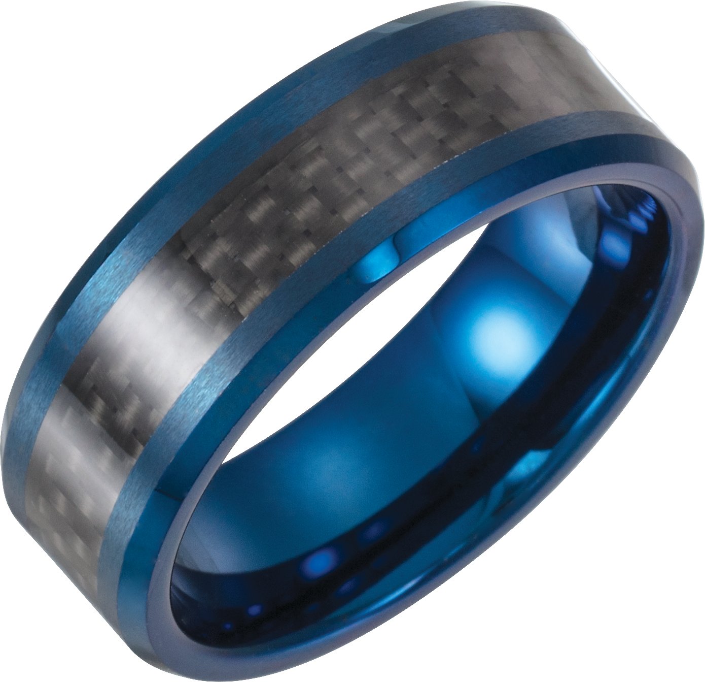 Tungsten 8 mm Blue Enameled Band with Black Carbon Fiber Inlay Size 10.5