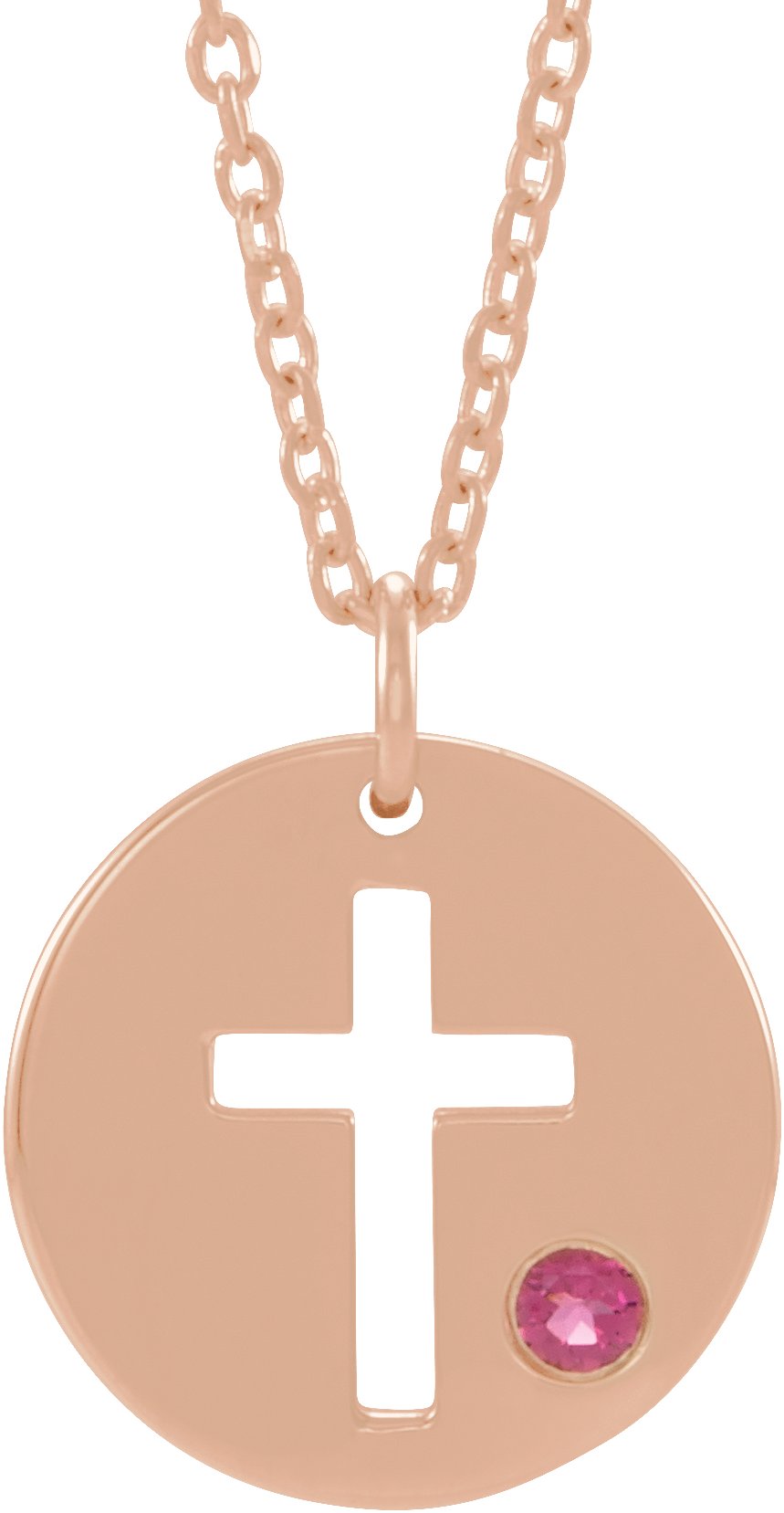 14K Rose Tourmaline Pierced Cross Disc 16 18 inch Necklace Ref. 13377652
